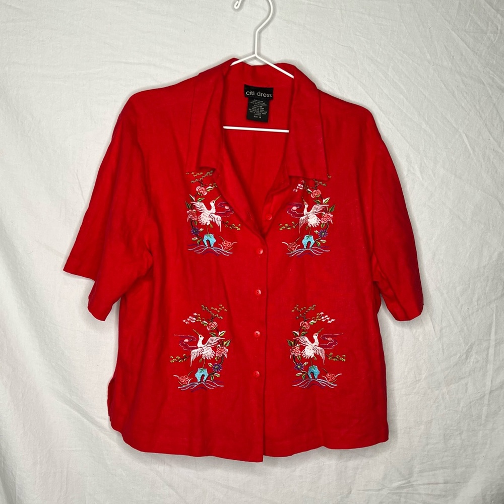 Cropped Linen Top with Embroidered Birds